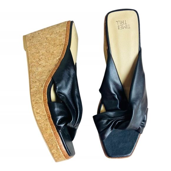 Time and Tru Womens Platform Sandals Size 9 Black Crosstoe Cork Wedge Slip On - Picture 1 of 5